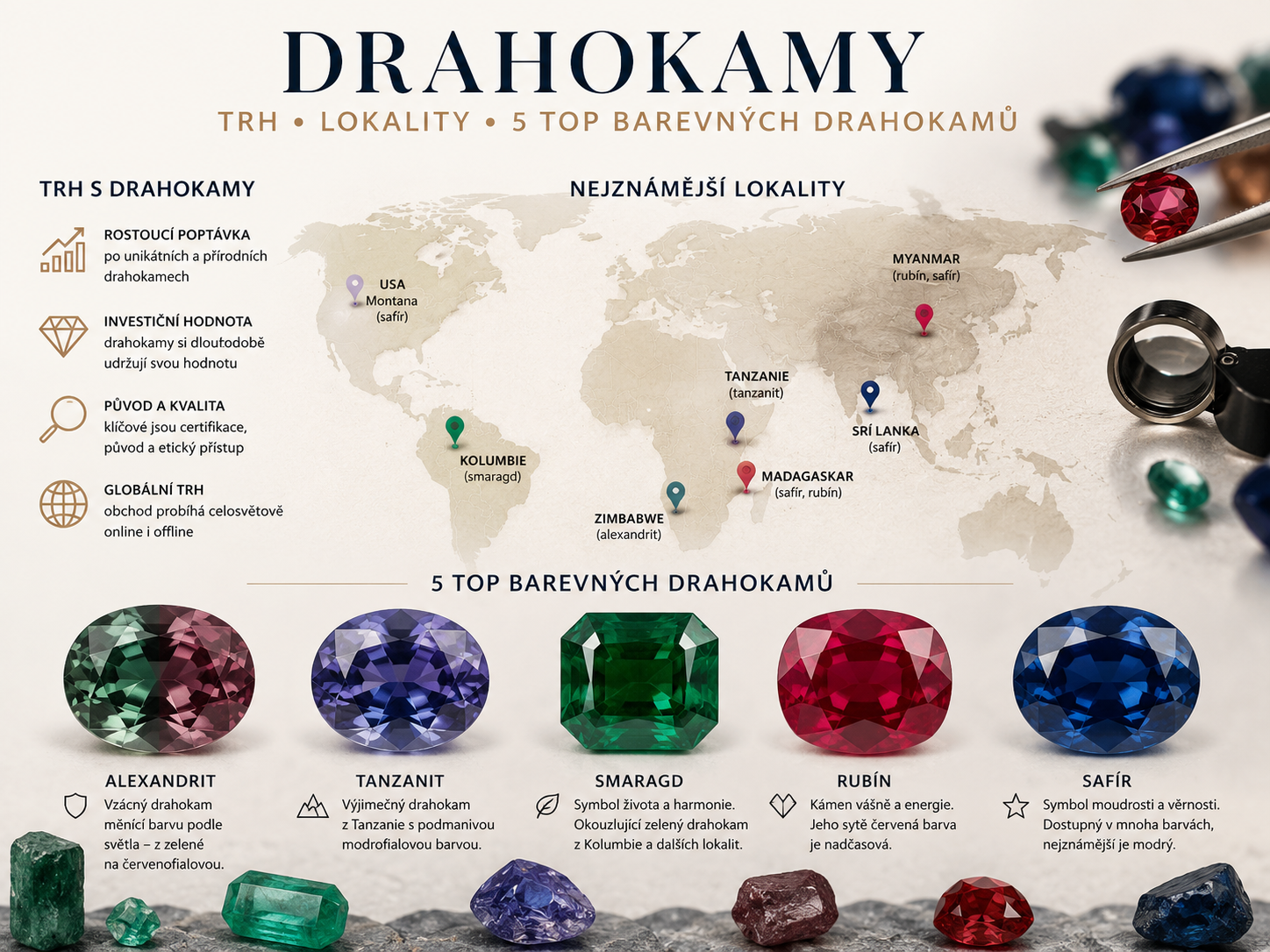 Drahokamy, trh a lokality: alexandrit, tanzanit, smaragd, rubín a safír | MINERALS-STONES